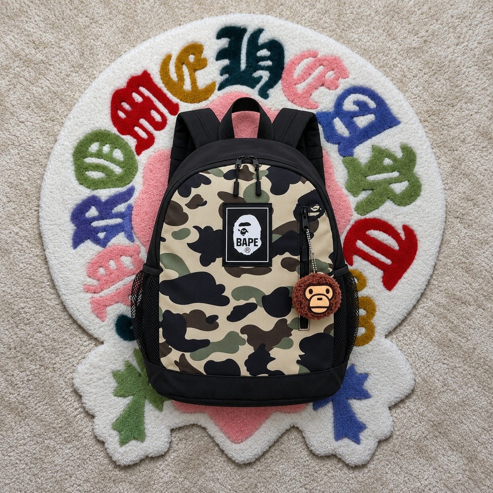 BAPE A Bathing Ape Camo Backpack Baby Milo Charm Green Tan Streetwear Bag
